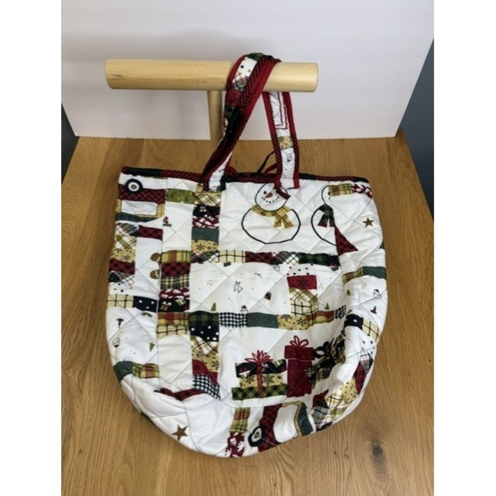 Handmade Snowman Quilted Tote Bag Large White Red Green Good Festive Patchwork